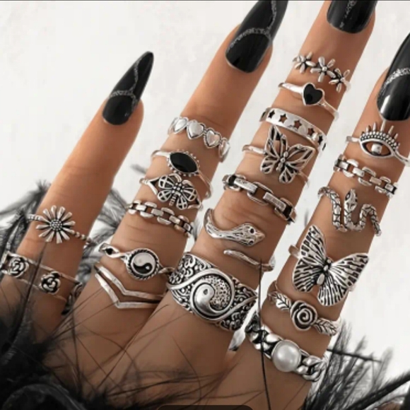 Edgy 21-Piece Punk Ring Set – Unisex Butterfly, Snake & Rose Zinc Alloy Collecti - Picture 1 of 1